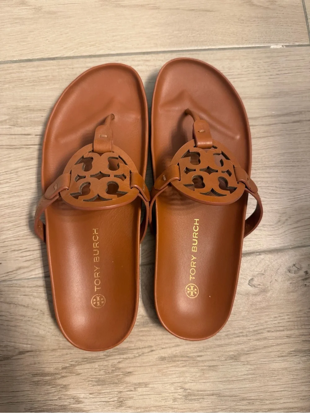Tory Burch Brown Leather Logo Thong Sandals